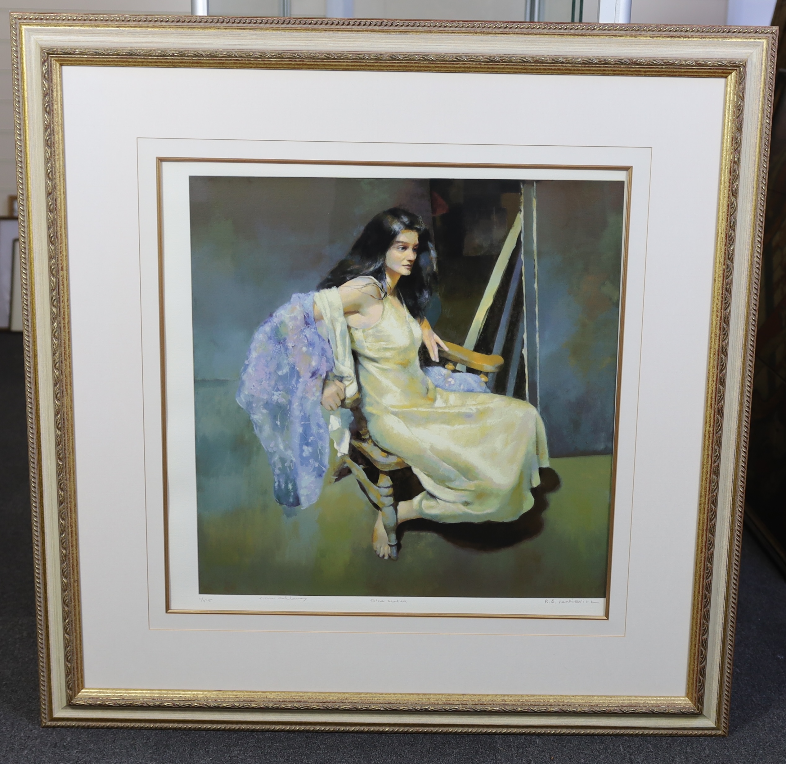 Robert Lenkiewicz (1941-2002), silkscreen, 'Ester seated by R.O. Lenkiewicz', signed in pencil and titled along with the name of the artist Ester Dallaunay, 11/475, 60 x 60cm. Condition - good, has slipped slightly in th